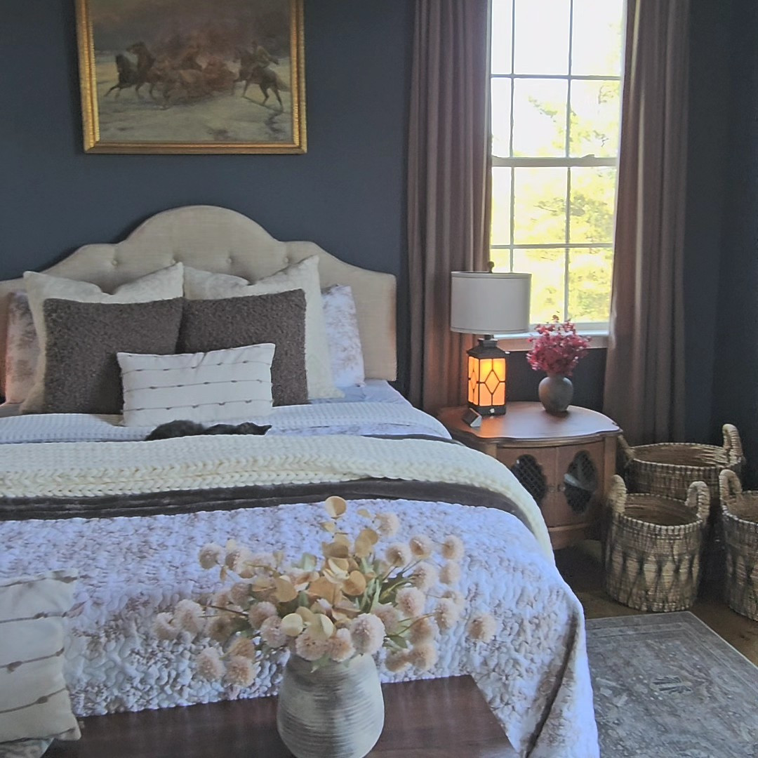 Moody bedroom inspo! Shop my master bedroom by clicking the thumbnails below 👇... Moody bedroom, master bedroom inspo, master bedroom, affordable bedroom, affordable bedroom furniture, bedroom furniture, modern farmhouse bedroom, farmhouse bedroom, affordable furniture, floral bedding, bedding, spring bedding, designer inspired, designer looks for less, curtains, velvet curtains, accent pillows, bedroom pillows, baskets, bedroom baskets, nightstand lamp, table lamp, bedroom bench, bench, headboard, tufted headboard, bedroom rug, Lololi rug, accent rug

#LTKHome #LTKSaleAlert #LTKStyleTip