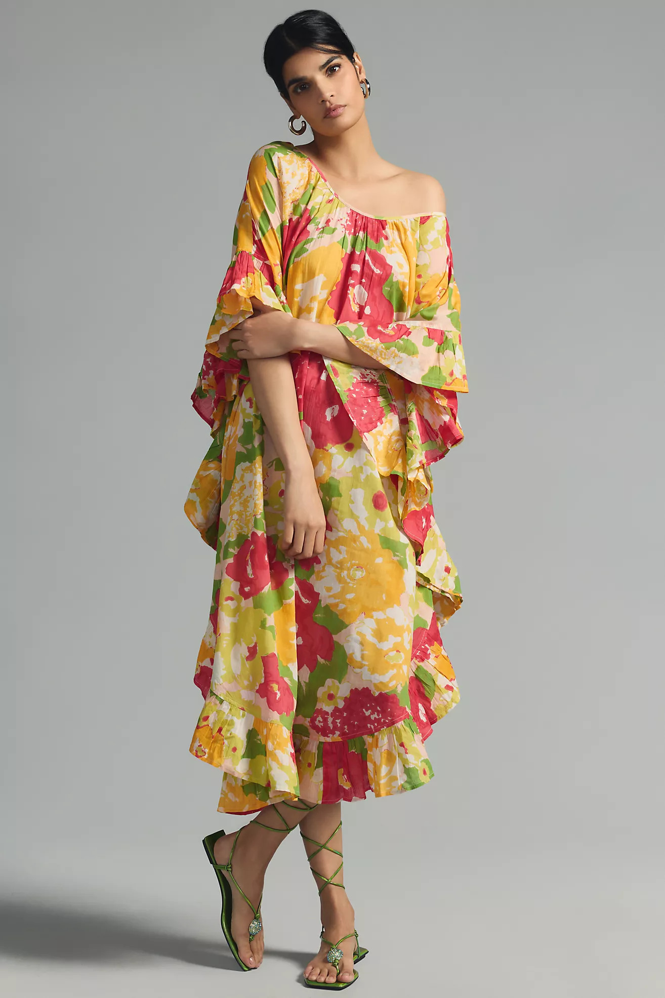 Maeve Floral Ruffle-Hem Kaftan | Anthropologie (US)
