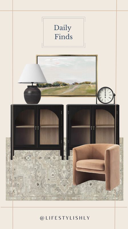 Black arch cabinet with affordable large landscape, art, and design or look for less black lamp

#LTKFind #LTKhome