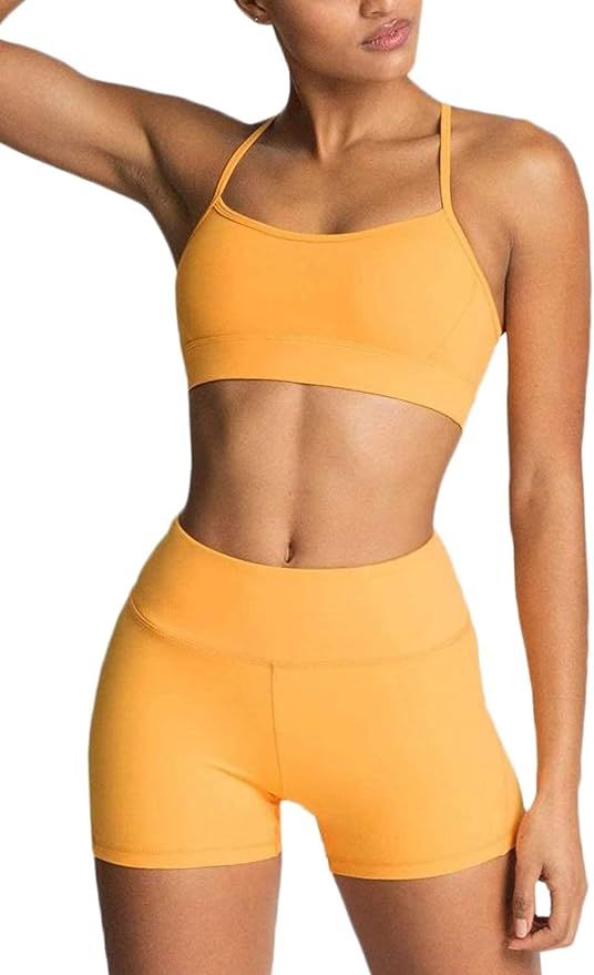 Women's Workout Sets 2 Piece Yoga Outfit High Waisted Biker Shorts Leggings Sports Bra Gym Fitnes... | Amazon (US)