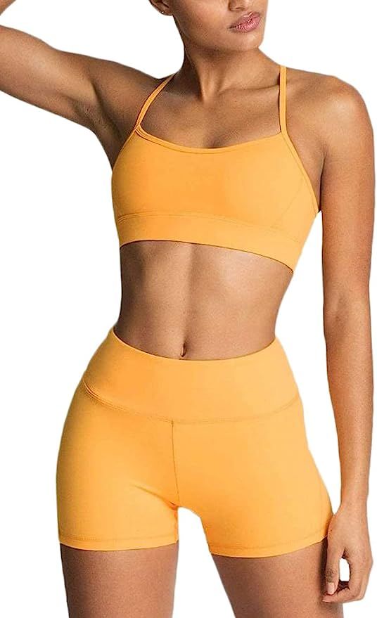 Women's Workout Sets 2 Piece Yoga Outfit High Waisted Biker Shorts Leggings Sports Bra Gym Fitnes... | Amazon (US)