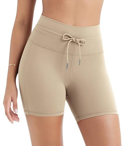 ODODOS Women's Drawstring Tie Daily Shorts 5" Inseam High Waist Workout Yoga Biker Shorts, Beige, Large | Amazon (US)