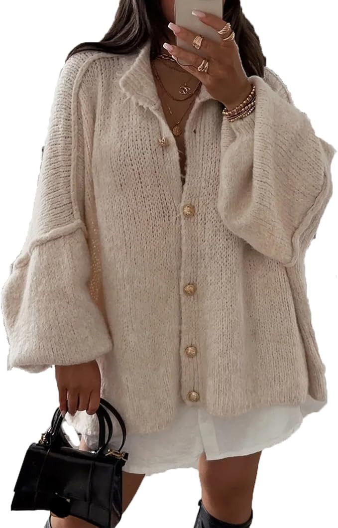 Women Chunky Cardigan Sweaters Winter Button Down Lantern Sleeve Sweater Jackets Y2K Wool Knit Co... | Amazon (US)