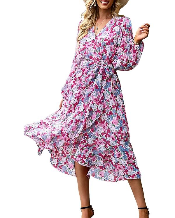 PRETTYGARDEN Women's Floral Print Boho Dress Long Sleeve Wrap V Neck Ruffle Belted A-Line Flowy M... | Amazon (US)