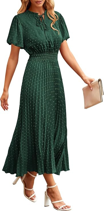PRETTYGARDEN Womens Summer Midi Dresses Puff Short Sleeve V Neck Swiss Dot Pleated A Line Flowy L... | Amazon (US)