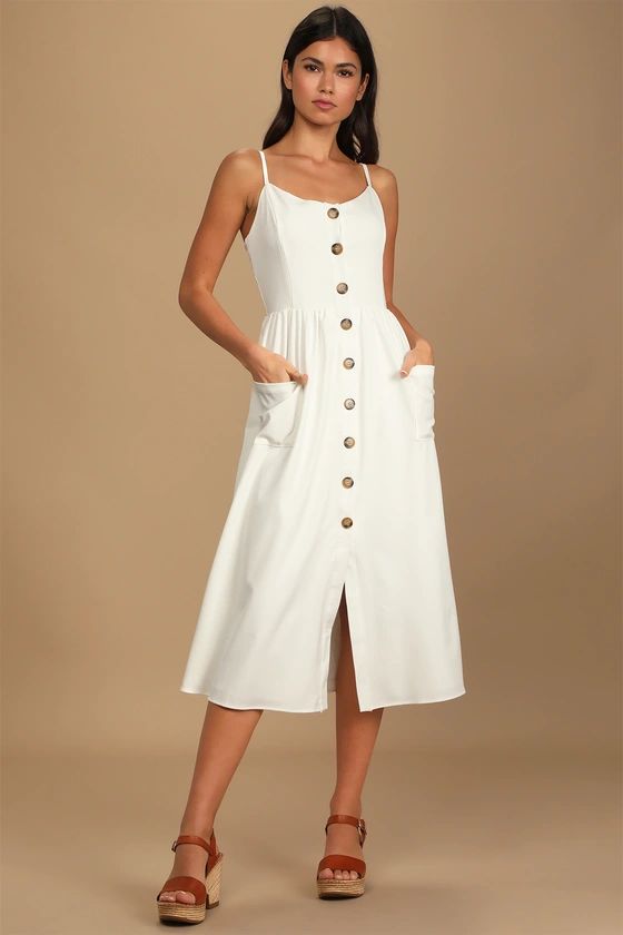 Take a Stroll with Me White Button-Front Midi Dress | Lulus (US)