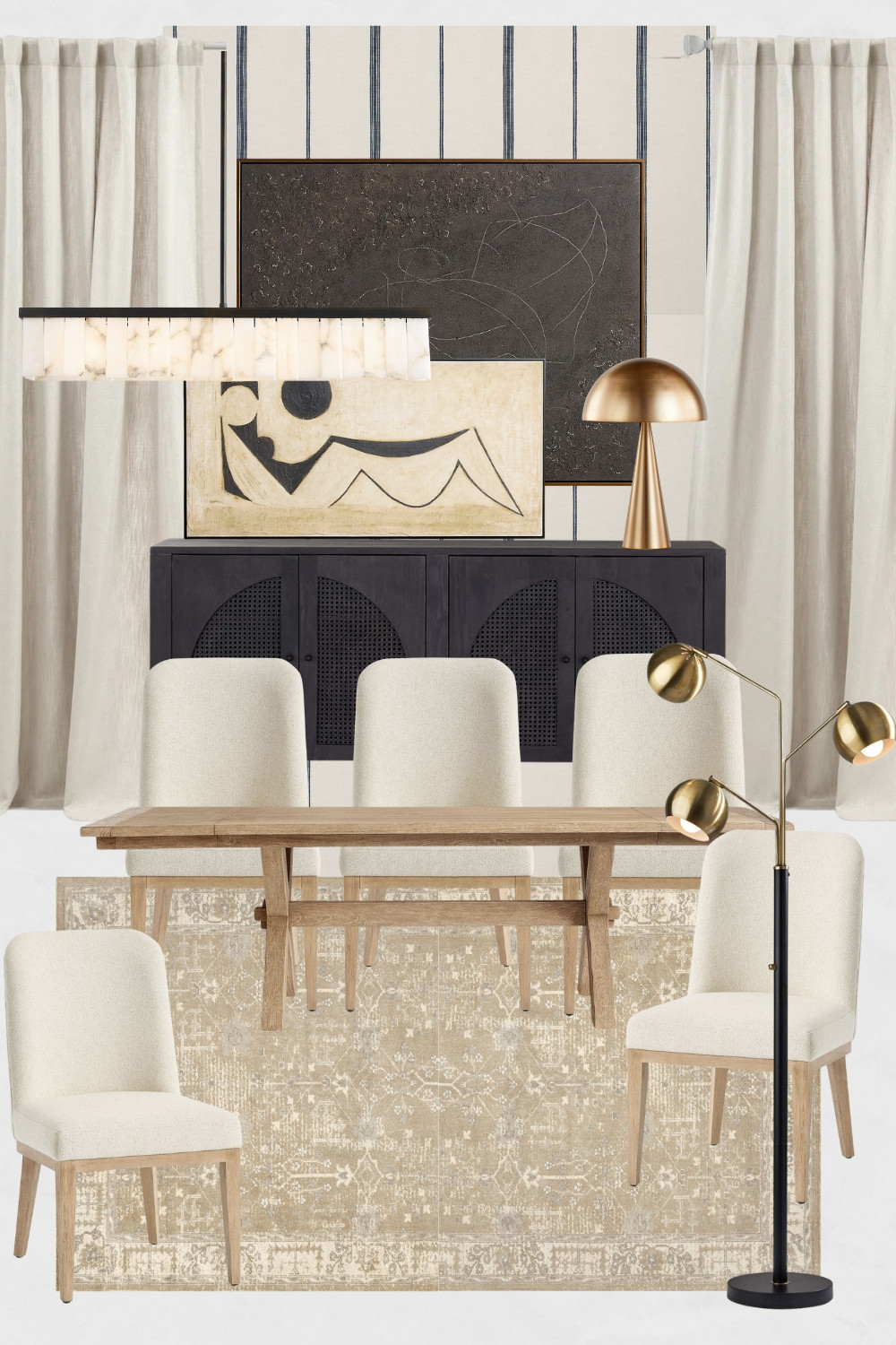 Modern Dining Room Moodboard, Eclectic Dining Room Design Ideas, Cream and Black Dining Room, Crate and Barrel, Pottery Barn, Black Sideboard, Solid Wood Dining table, Dining Chairs, Neutral Rug for Home, Striped Wallpaper

#homedecor #diningroom #diningroomdesign #moderndiningroom #instahome 

 

#LTKCyberWeek #LTKHome #LTKSaleAlert