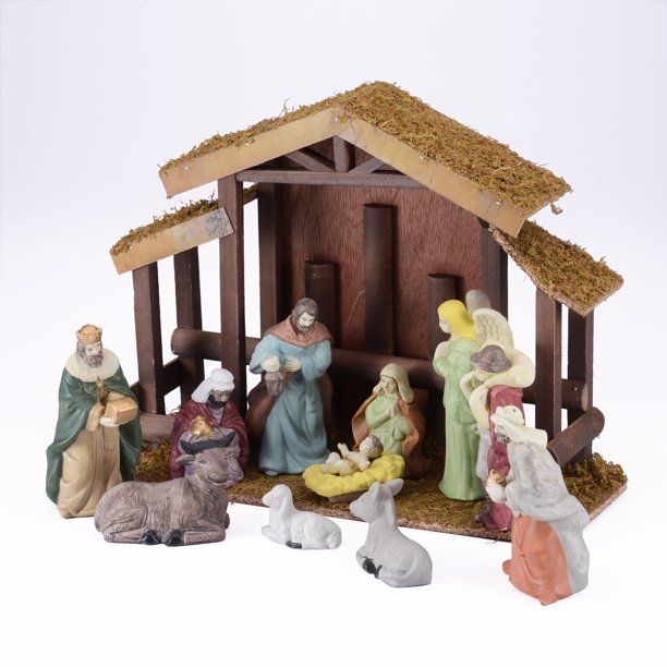 Holiday Time Porcelain Nativity Scene, with Wooden Stable (13 Pieces) | Walmart (US)