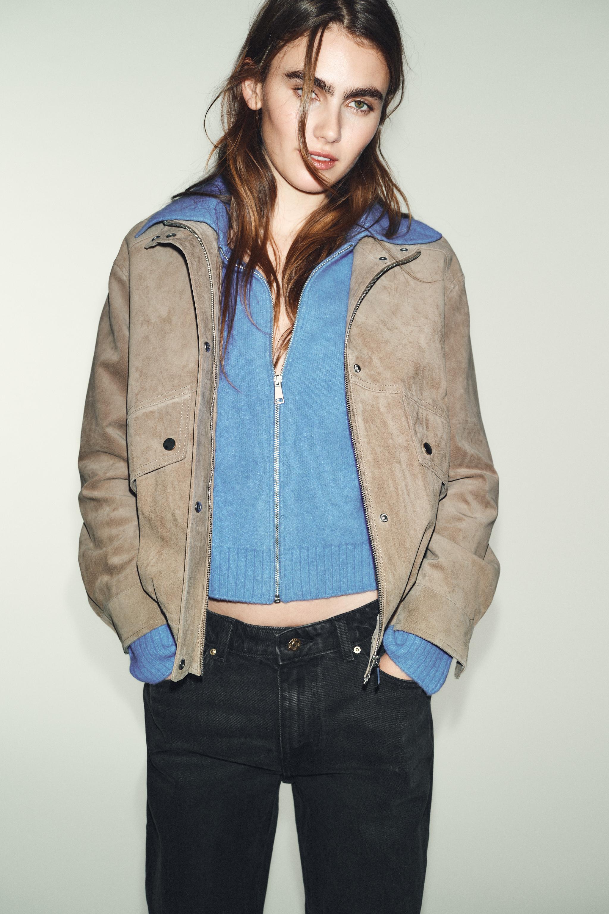 100% SUEDE LEATHER HIGH COLLAR JACKET | Zara US