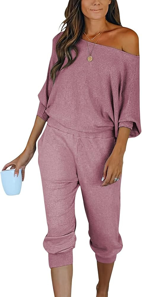 PRETTYGARDEN Women's 2 Piece Ribbed Tracksuit Outfits Off Shoulder Long Sleeve Pullover Lounge Pa... | Amazon (US)