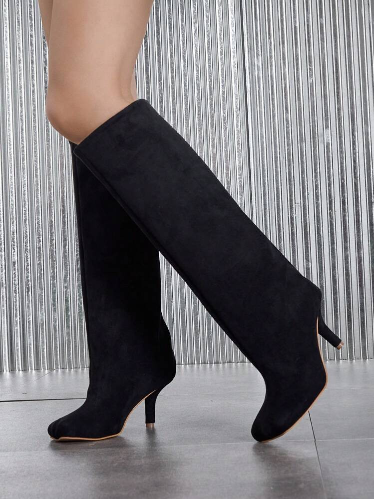 Plus Size Women Classic Catwalk Elastic Mid-Calf Boots With Chunky Heel And Square Toe, Warm & Sexy Velvet Stretch Boots For Winter, Black | SHEIN