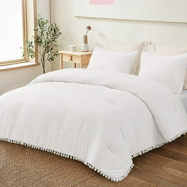 Exclusivo Mezcla Boho Pom Pom Ball Fringe Queen Comforter Set, 3 Piece White Lightweight Down Alt... | Walmart (US)
