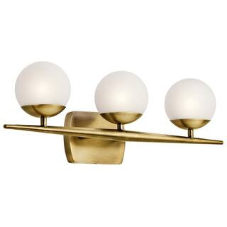 Jasper 6.25 in. 3-Light Natural Brass Bathroom Vanity Light with Etched Glass Shade | The Home Depot