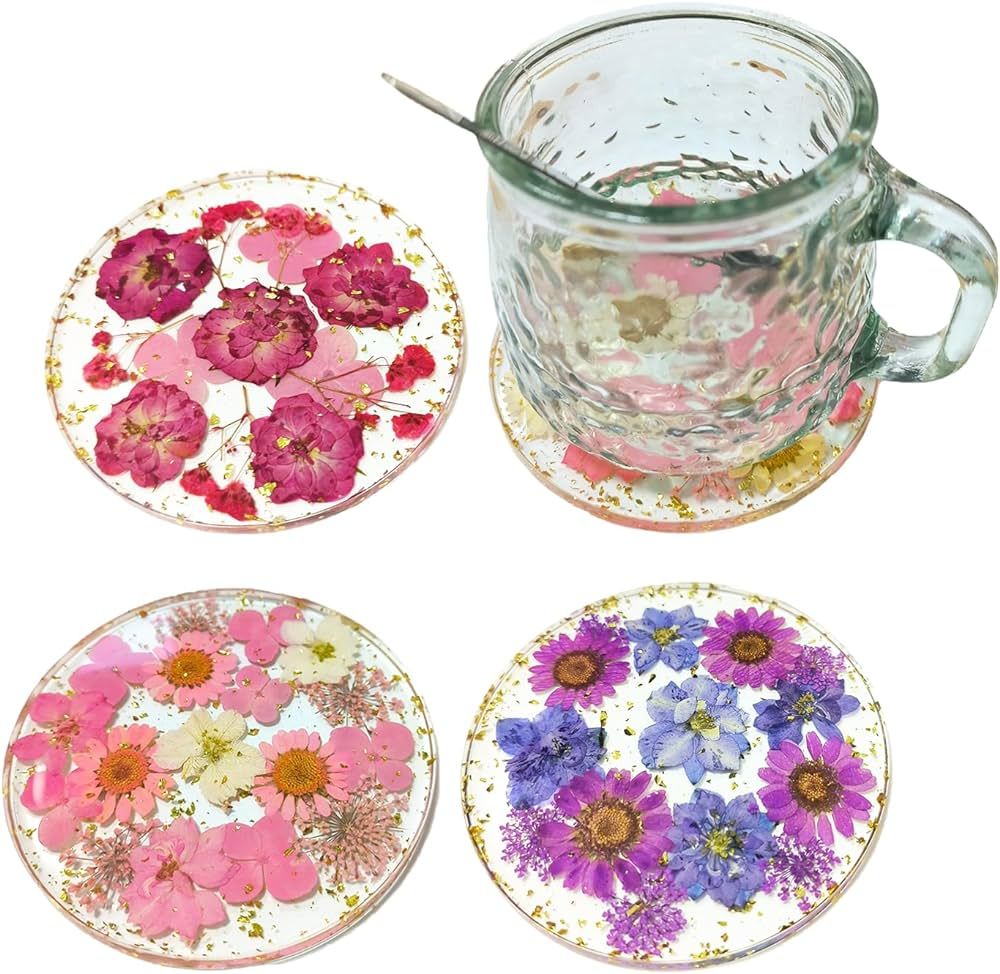 4 Pcs Flower Coasters for Drink Handmade Resin Coasters with Pressed Flowers, Round Cute Coasters... | Amazon (US)
