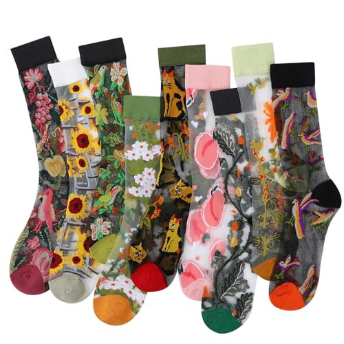 scenicamp 9 Pairs Womens Floral Sheer Socks Vintage Elastic See Through Sock Summer Thin Mesh Ankle Transparent Crystal Glass Silk Socks | Amazon (US)