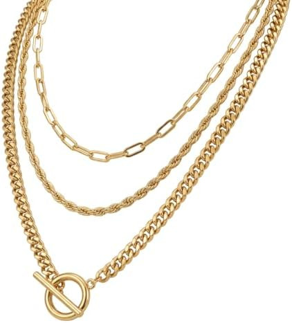 Gold Plated Layered Chain Necklace for Women - 33cm 38cm 45cm Paperclip Rope Curb Chain with Togg... | Amazon (US)