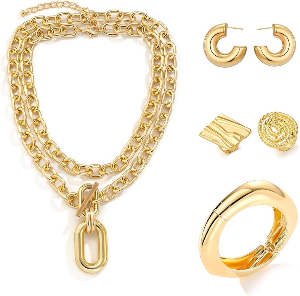 KISS WIFE Christmas Golden Jewelry Set for Women with Multi Layered Necklaces, Stackable Bracelet... | Amazon (US)