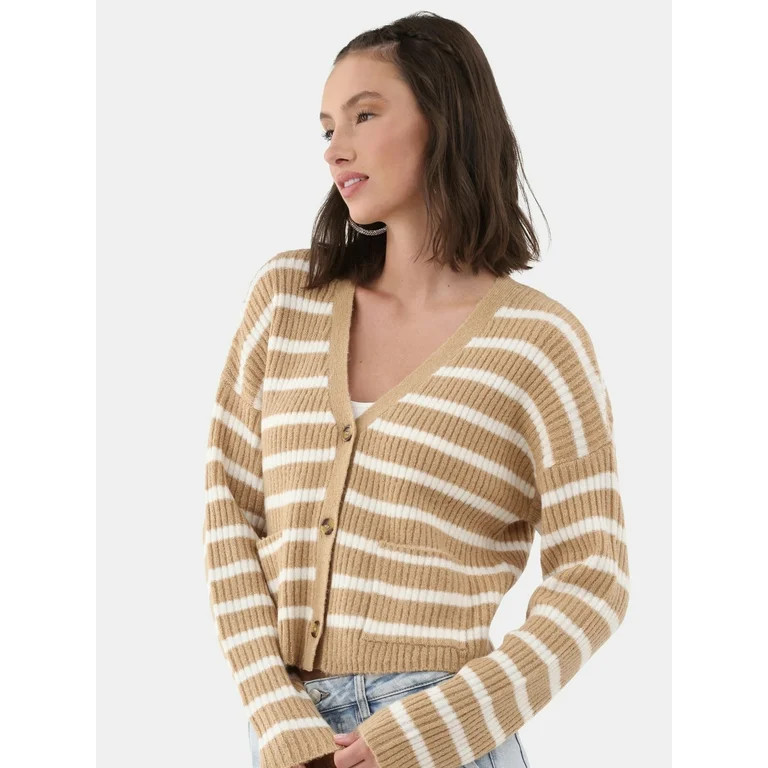 No Boundaries Button Front Ribbed Cardigan Sweater, Midweight, Women’s - Walmart.com | Walmart (US)