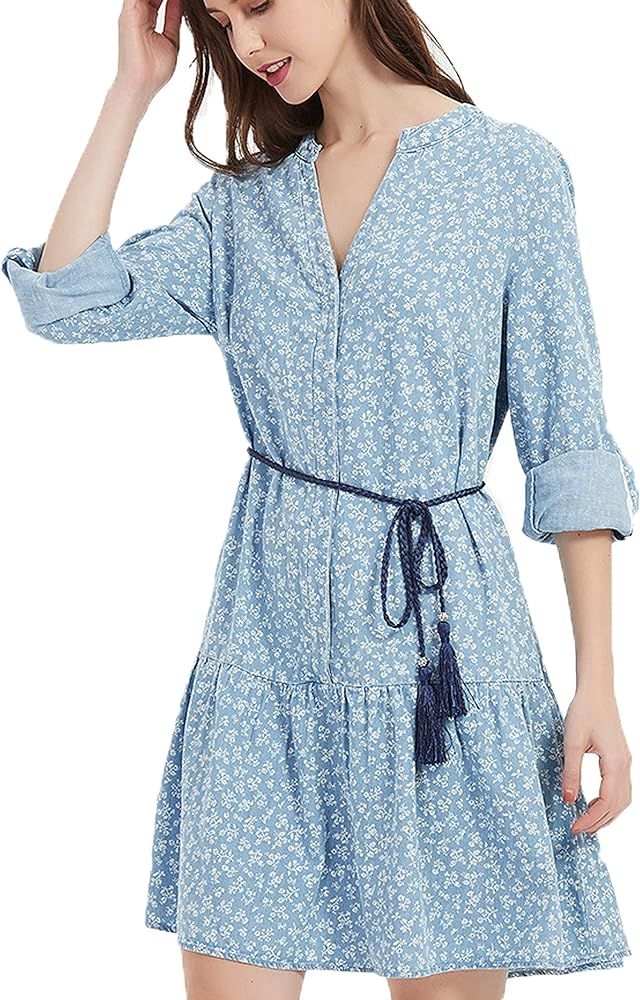 Denim Dress for Women Midi Length,Mother Jeans Dress Long Sleeve V-Neck Knee Length Floral Midi P... | Amazon (US)
