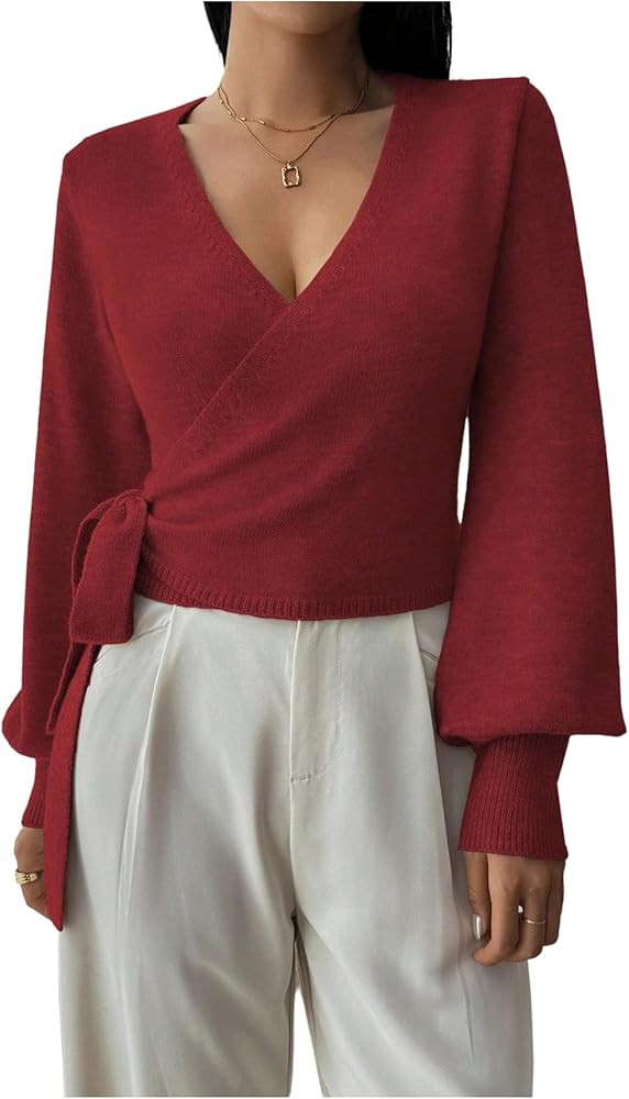 SHENHE Women's Casual V Neck Wrap Sweater Pullover Long Sleeve Slim Fit Knit Crop Top Sweater | Amazon (US)