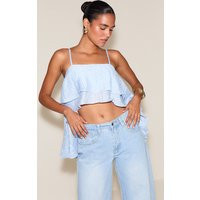 Baby Blue Textured Woven Floaty Cropped Front Top | PrettyLittleThing US