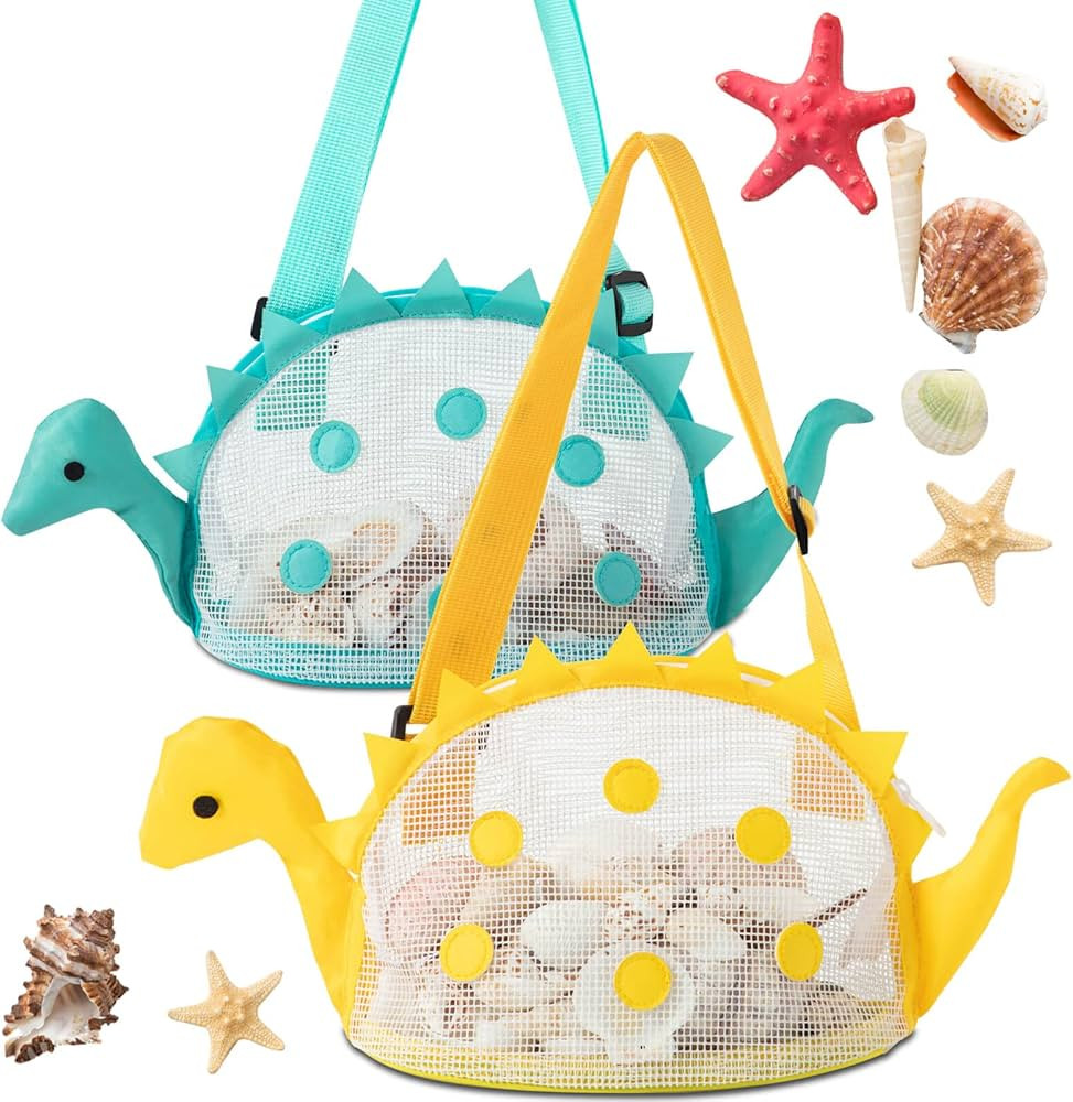 CLESDF Beach Mesh Bag for Kids, 2Pcs Dinosaur Shaped Shell Collecting Bag with Adjustable Carryin... | Amazon (US)