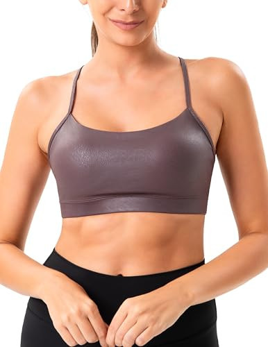 YUNOGA Women's Y Back Matte Faux Leather Sports Bras Padded Racerback Spaghetti Thin Strap Support Workout Yoga Bra (L, Brown) | Amazon (US)