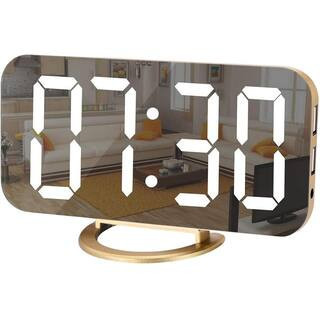Gold Digital Alarm Desk Clock, LED and Mirror Surface, Modern Electronic Large Display with Dual USB Charger Ports | The Home Depot