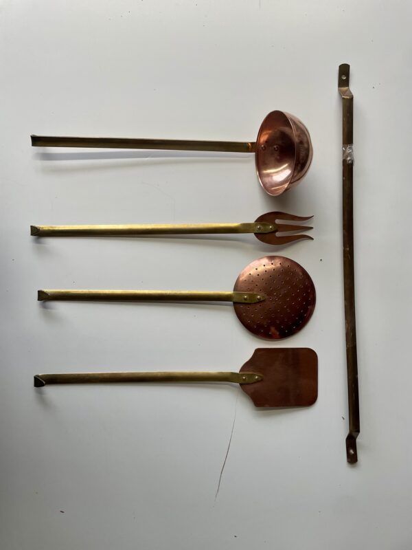 French Copper & Brass Kitchen Utenstils with Rail | Vintage Keepers