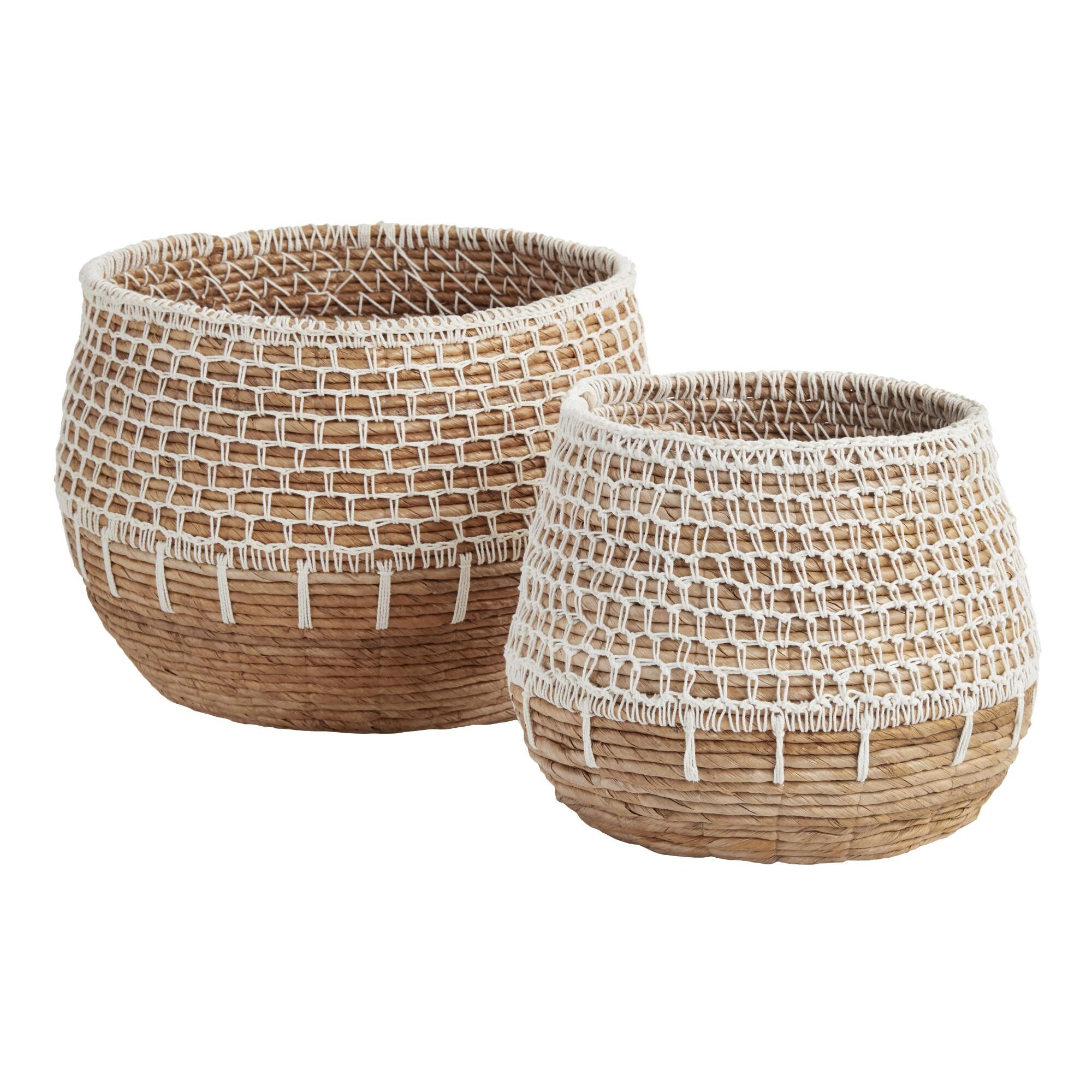 Natural Banana Leaf Harper Basket with White Macrame: Brown/Natural - Small by World Market | World Market