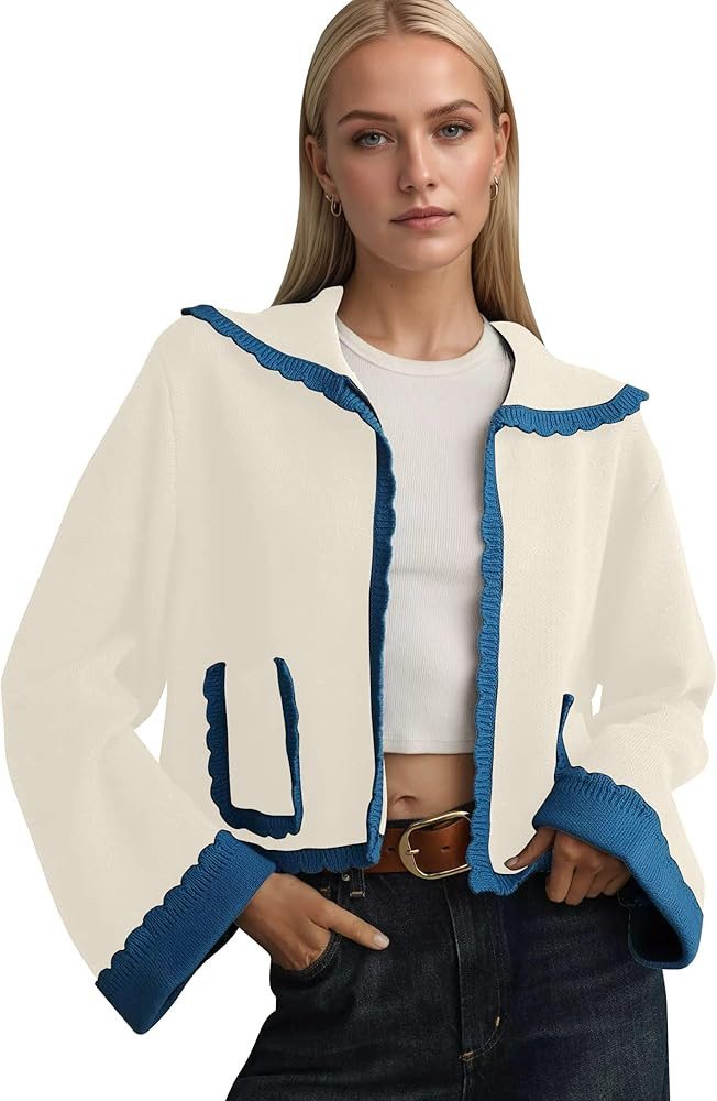 Ythomm Womens Scallop Lapel Collar Knit Cardigan Sweaters Color Block Long Bell Sleeve Open Front... | Amazon (US)