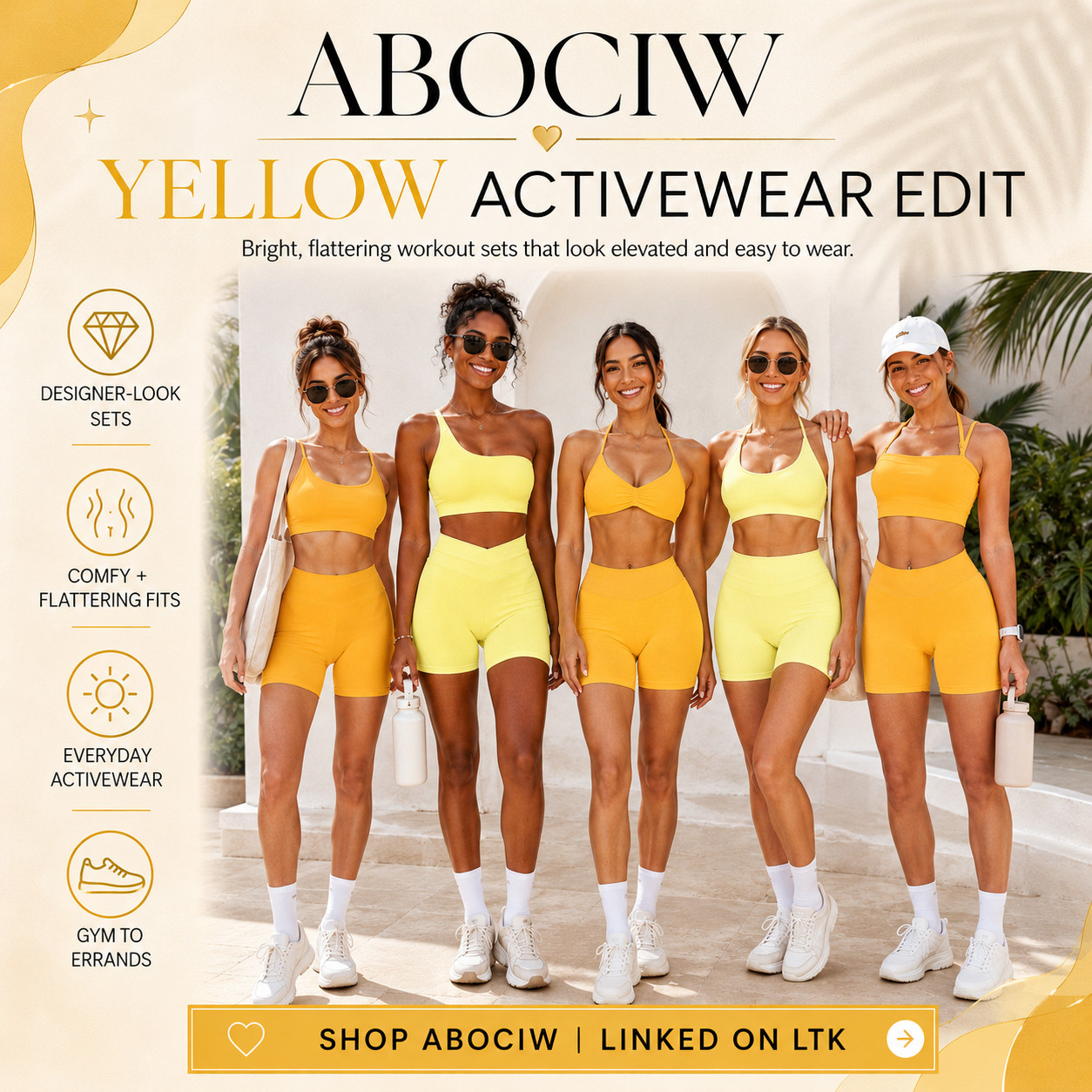 ABOCIW Elevated Athleisure | Sunshine Yellow Short Sets

Yellow activewear sets that make workout outfits feel instantly brighter, cuter, and way less basic ☀️ 

These ABOCIW workout sets are some of the closest Amazon dupes to CSB / expensive athleisure brands if you love that sculpted, designer-look activewear vibe but don’t want to pay luxury activewear prices. 

The yellow shades are the whole reason these stand out — they feel fresh, flattering, happy, and perfect for summer when you want your gym outfit, Pilates outfit, hot girl walk outfit, or everyday athleisure look to feel more intentional.

What I love about these is that they don’t just look like basic workout sets!! 

They have that elevated matching-set look that makes you feel put together even when you’re just running errands, grabbing coffee, packing for vacation, walking outside, or throwing on sneakers for a low-effort outfit. 

The bright yellow color gives that “she planned this” energy without needing to style a full outfit, which is exactly why sets like this are so easy to reach for on repeat.

These are especially good if you want comfy activewear that still feels flattering, feminine, and designer-inspired. 

Pair them with white sneakers, crew socks, a tote bag, sunglasses, a baseball hat, or an oversized button-down for that gym-to-errands look that always performs. 

I did the digging for you — if you’ve been wanting cute Amazon activewear, yellow workout sets, matching gym sets, Pilates outfits, or affordable activewear that gives expensive brand energy, these are the ABOCIW sets I’d check first before colors and sizes start moving!!

📌 SAVE this for your next activewear refresh.

↓ Everything is linked!

#LTKActive #LTKSaleAlert #LTKTravel