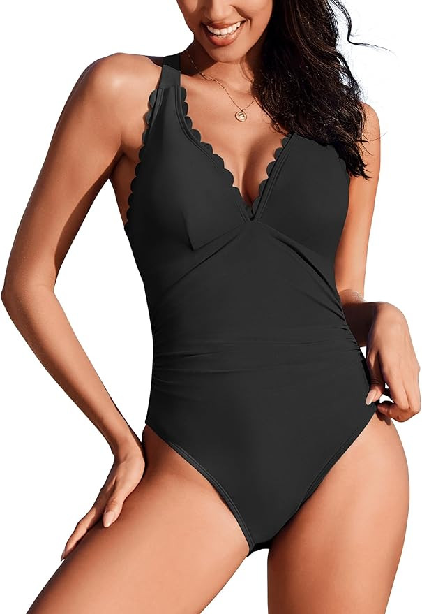 AI'MAGE Women's One Piece Swimsuit Tummy Control V Neck Bathing Suit Crisscross Back Tie Swimwear... | Amazon (US)