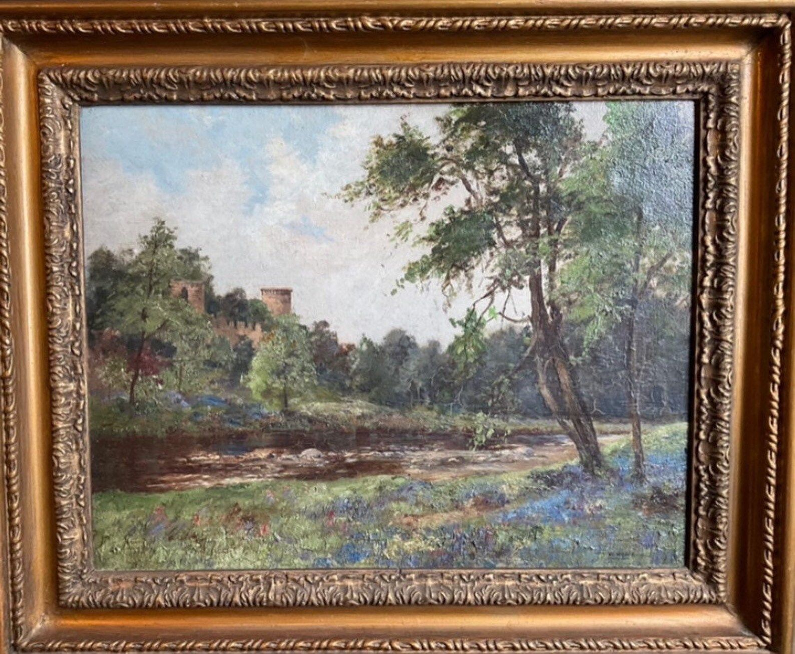 Large Antique Vintage Original Oil Painting of Castle,Hill, Beautiful Trees and River with Flower... | Etsy (US)