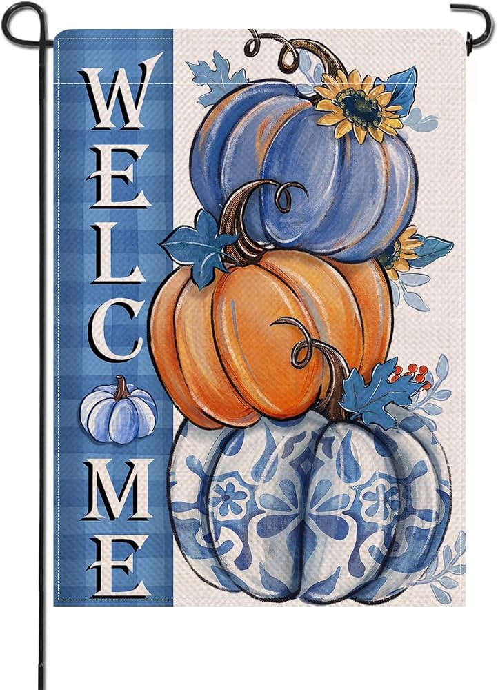 Artofy Welcome Fall Blue Pumpkin Small Decorative Garden Flag, Autumn Plaid Check Sunflower Yard ... | Amazon (US)
