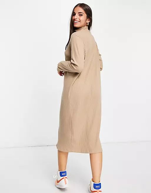 ASOS DESIGN super soft rib midi jumper dress with polo neck in camel | ASOS (Global)