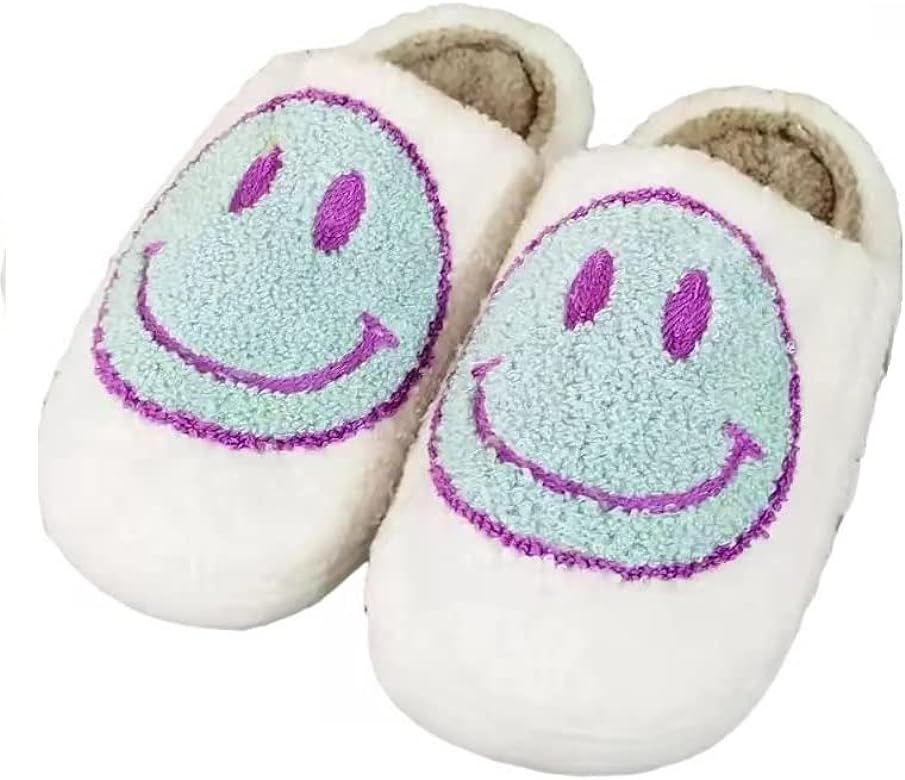 Retro Smiley Face Slippers Soft Plush Comfy Warm Slip-on Slides Women's Cozzy Furry Fur House Slippe | Amazon (US)