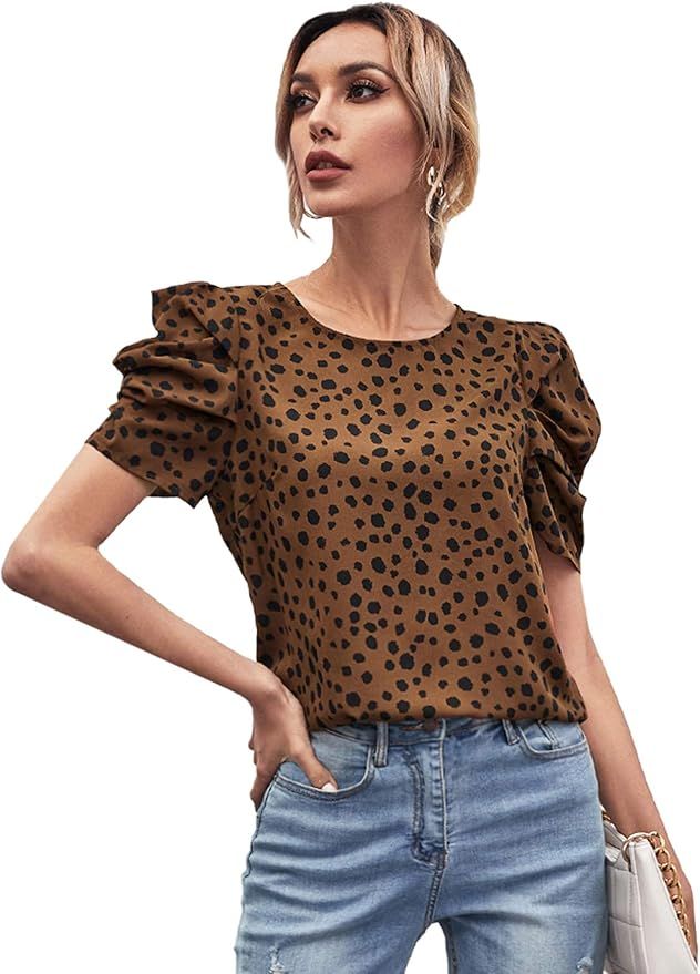 Milumia Women's Dalmatian Print Puff Sleeve Blouse Round Neck Work Office Shirt Top | Amazon (US)