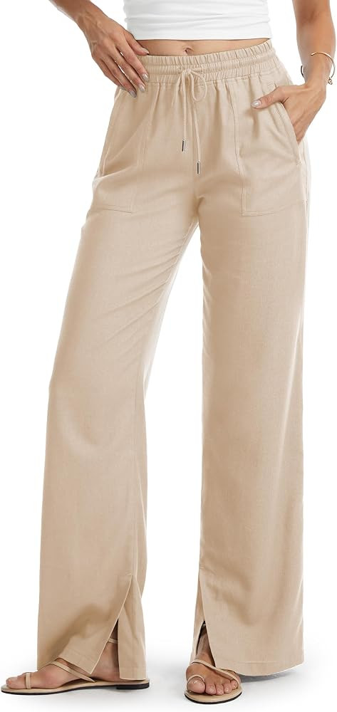 Tall Women 32/34/36 Inseam Linen Pants Wide Leg Side Slit Beach Summer Casual Palazzo Lounge Bott... | Amazon (US)