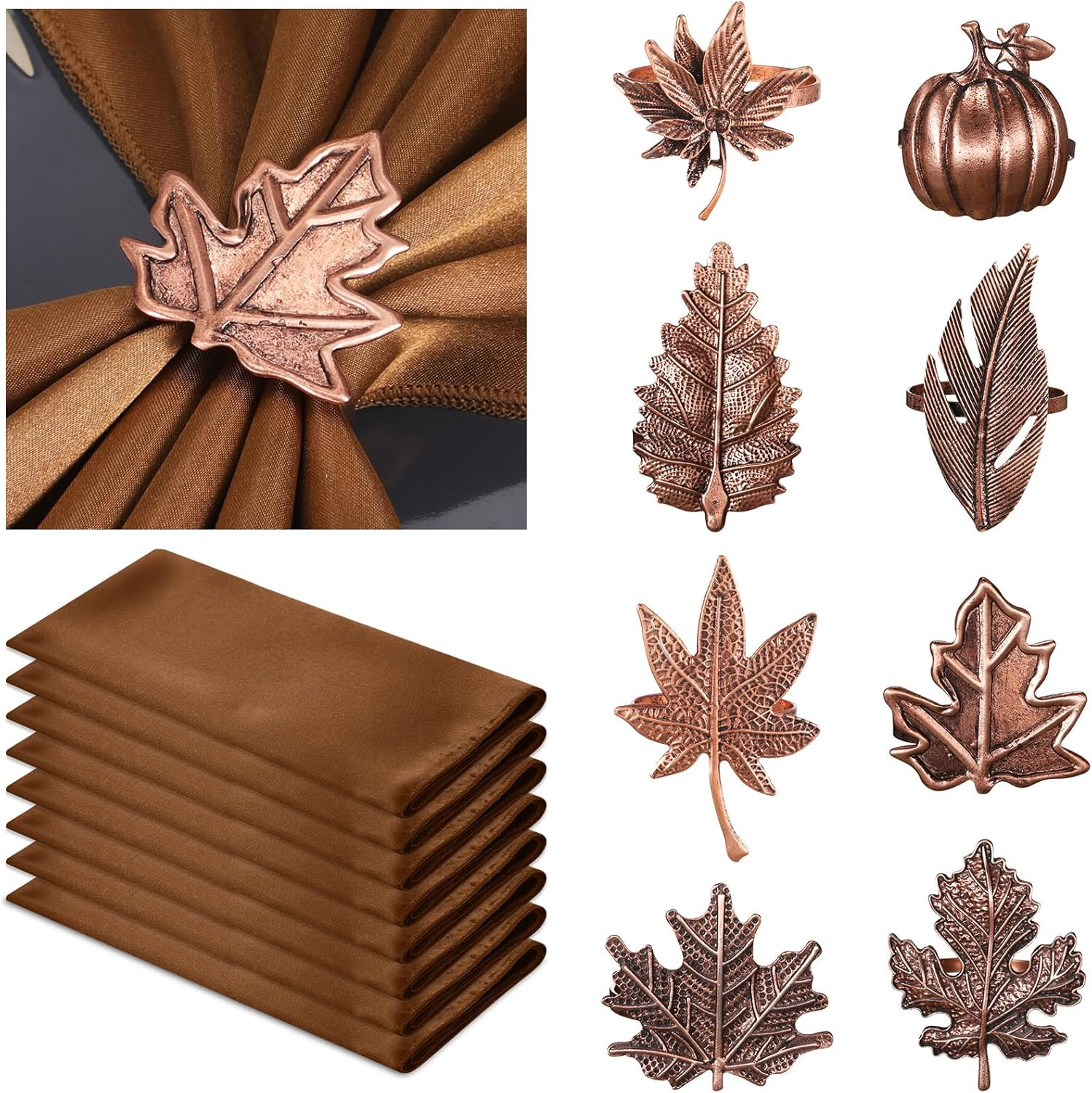 Suttmin 8 Sets Fall Thanksgiving Cloth Napkins and Napkin Ring Holders Reusable 8 Pcs Pumpkin Map... | Amazon (US)