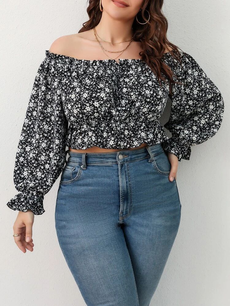 Plus Floral Print Frilled Off Shoulder Flounce Sleeve Crop Blouse | SHEIN