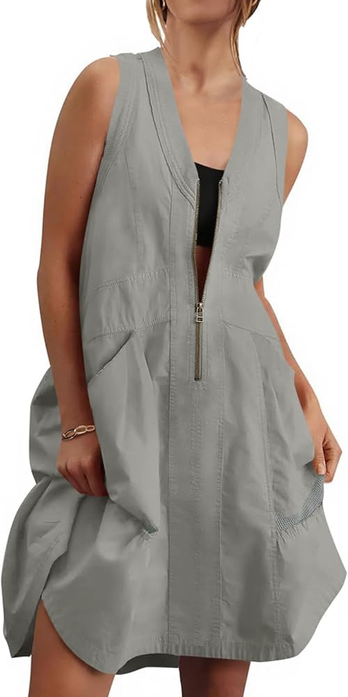 Fisoew Women's Sleeveless Tank Mini Dress Casual Half Zip V Neck Loose Mesh Back Utility Summer D... | Amazon (US)