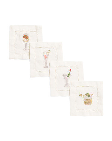 Set Of 4 Hand Embroidered Linen Coasters | TJ Maxx