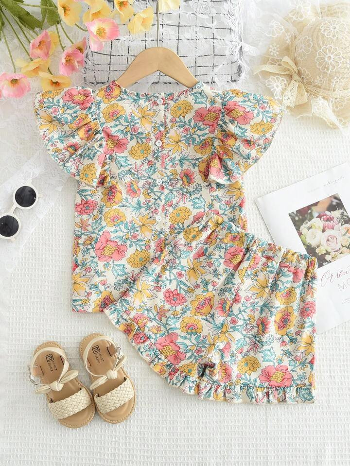 Young Girl Floral Print Round Neck Cap Sleeve Top + Shorts Vacation Set | SHEIN