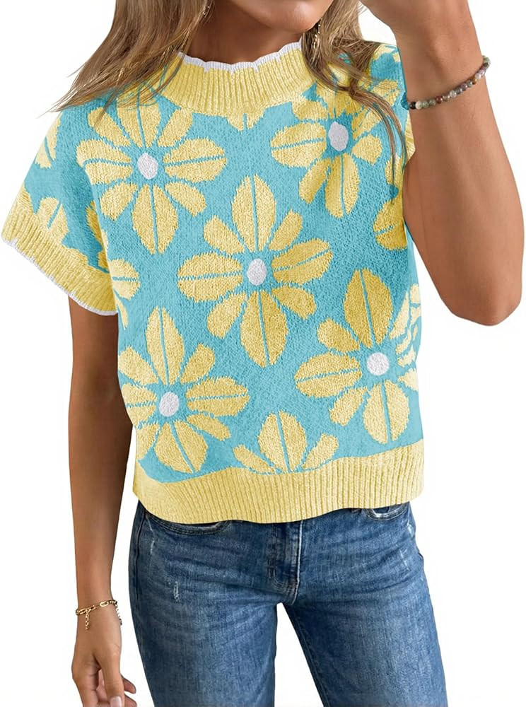 Saodimallsu Womens Floral Sweater Tops Short Sleeve Vintage Crew Neck Loose Knit Summer Pullover ... | Amazon (US)