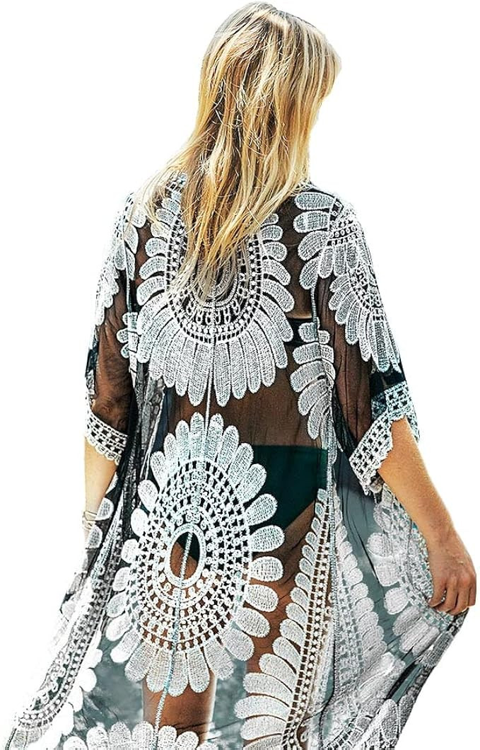 CUPSHE Women's Black Sunflower Crochet Scallop Cover Up | Amazon (US)