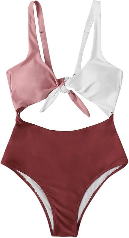 SweatyRocks Women's One Piece Swimsuit Solid Color Knot Front Cutout Monokini Bathing Suits | Amazon (US)