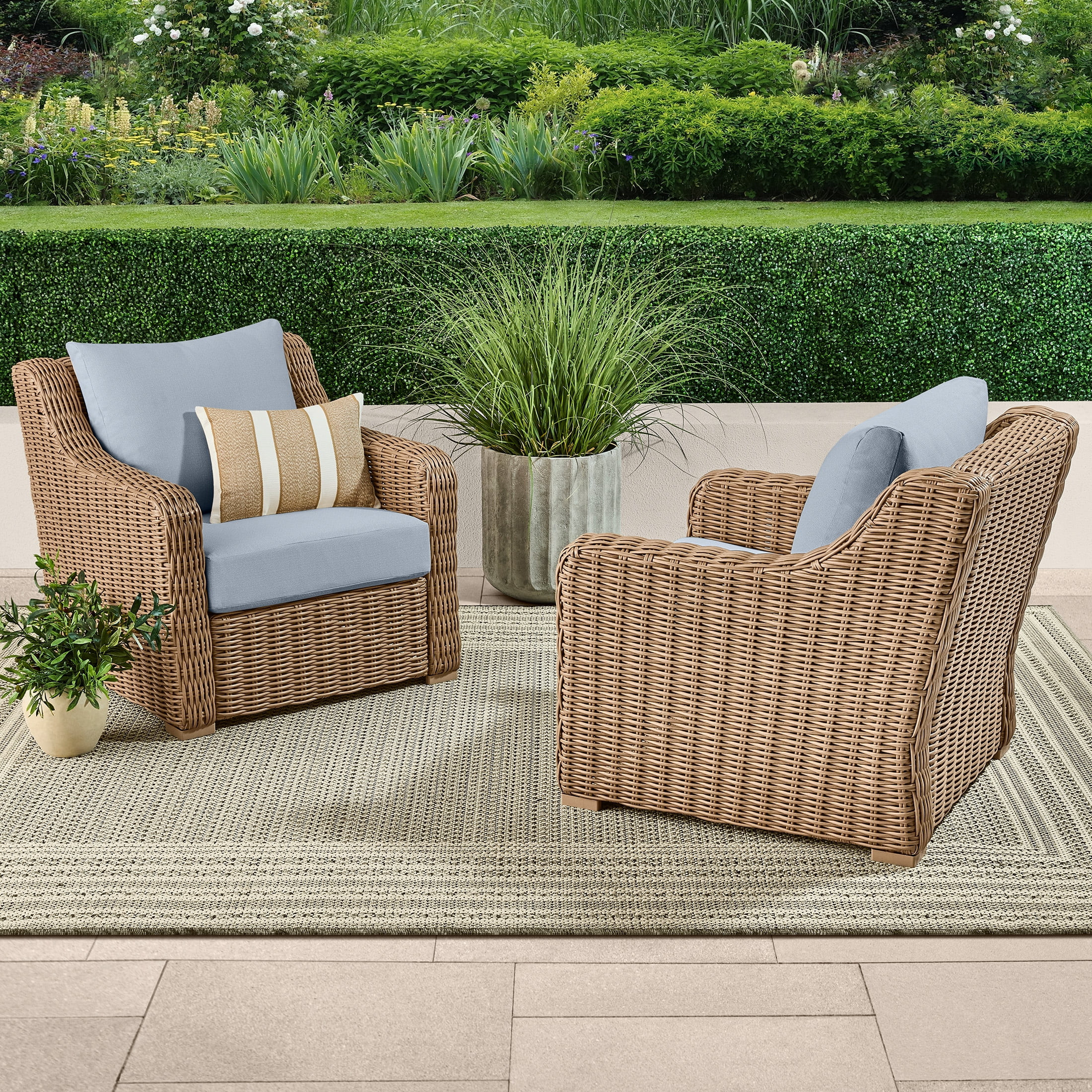 Better Homes & Gardens Bellamy Outdoor 2pk Lounge Chairs, Tan Wicker/Blue Cushion | Walmart (US)