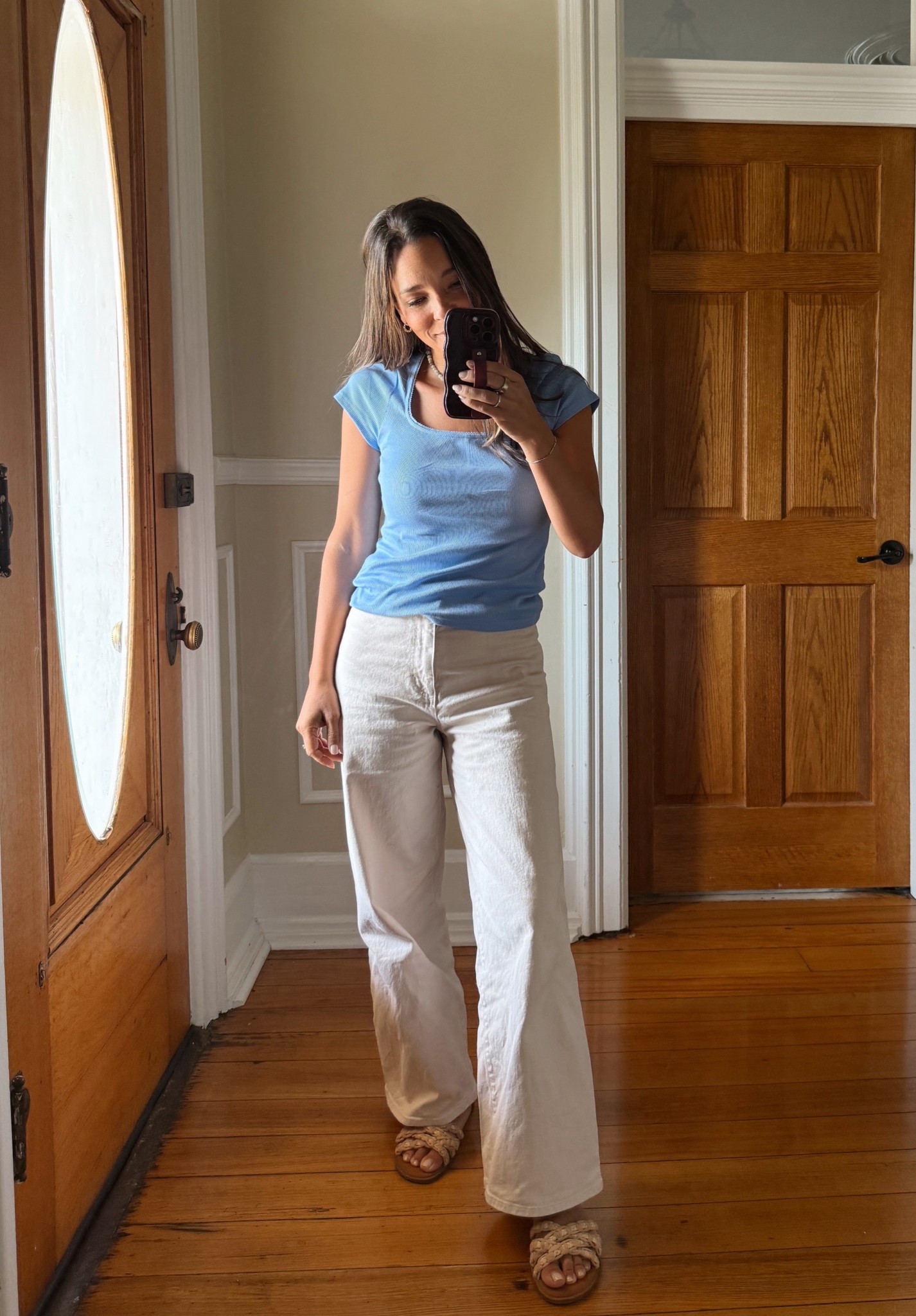 Ribbed square neck tee for $10 from old navy! Runs small size up:)
Pants from Target