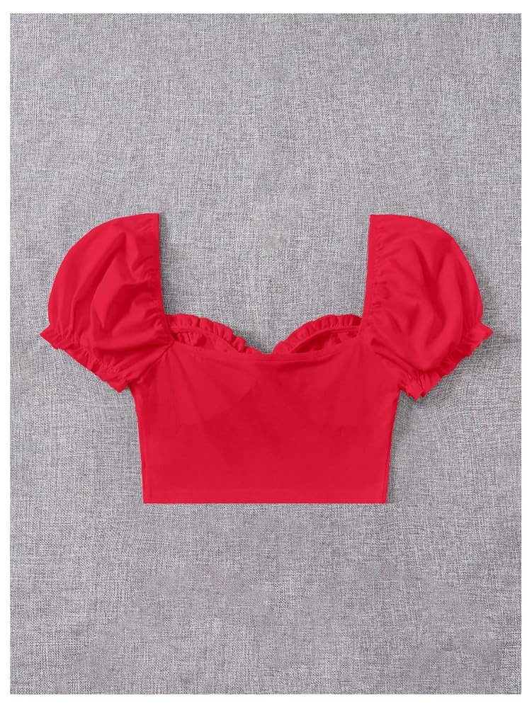 Verdusa Women's Frill Trim Sweetheart Neck Tie Front Short Puff Sleeve Crop Blouse Top | Amazon (US)